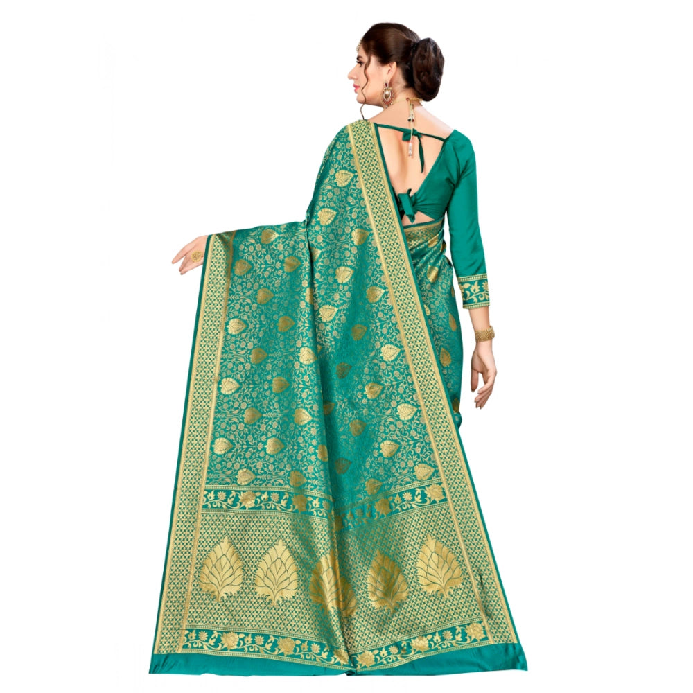 Women's Banarasi silk Saree with Blouse (Green, 5-6mtr)