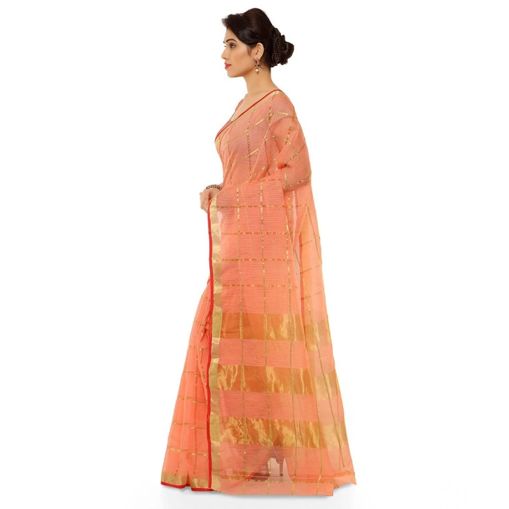Women's Kota Doria Cotton Saree With Blouse (Peach,6-3 Mtrs)
