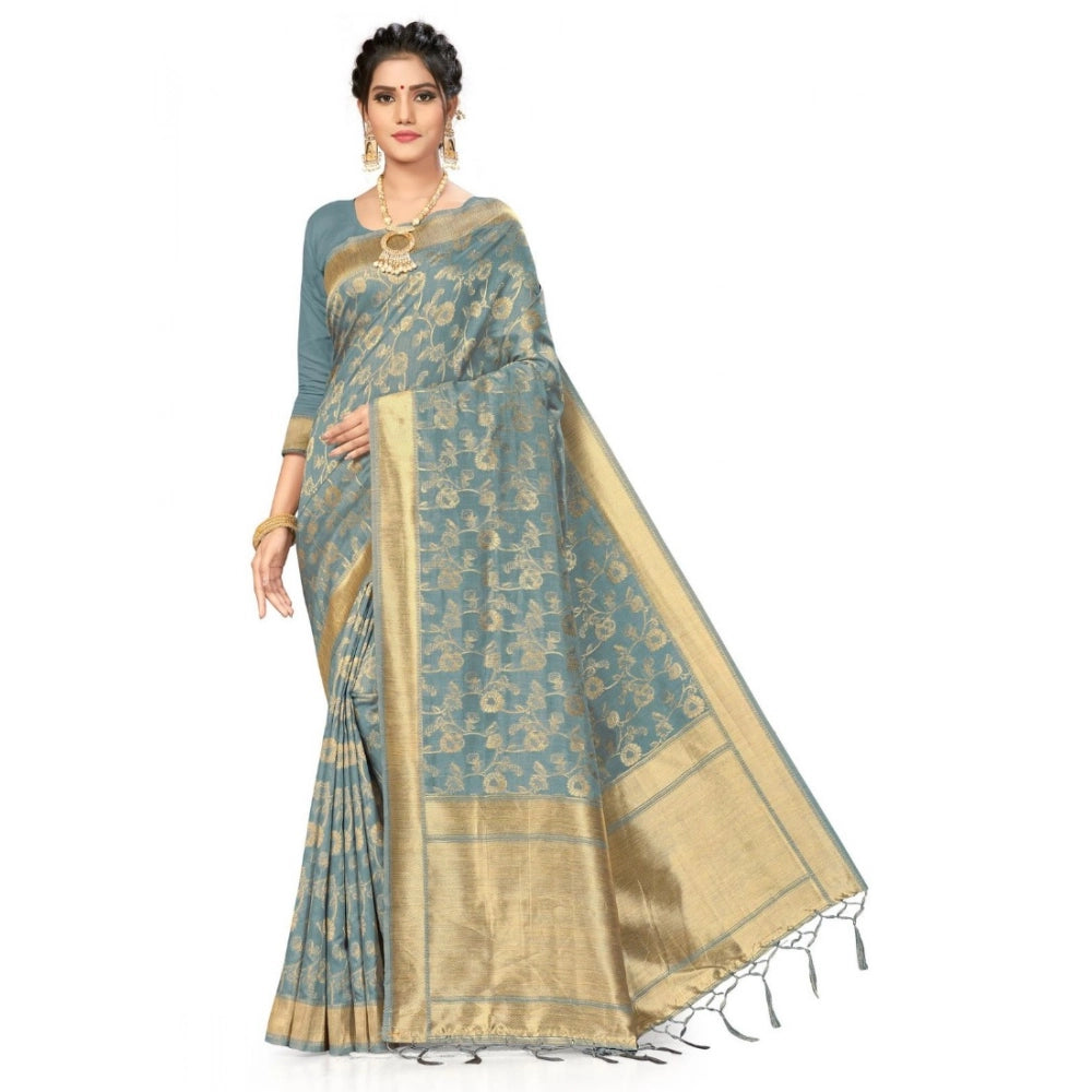 Women's Banarasi (Spun Cotton) Saree (Grey,5-6 Mtrs)