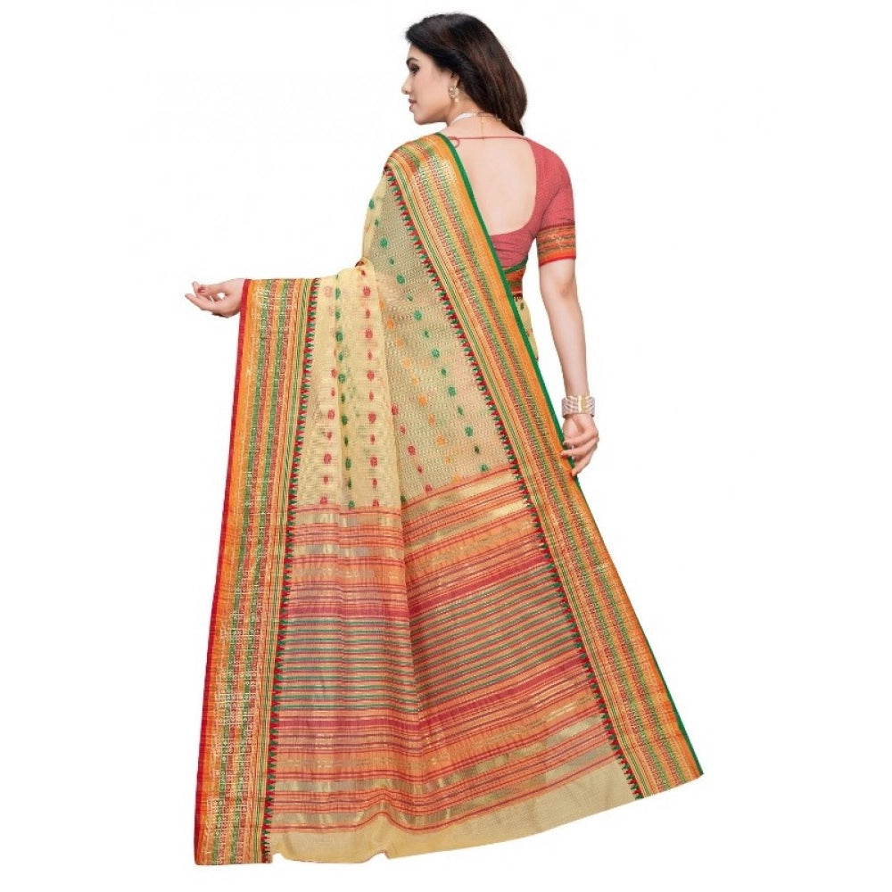 Women's Kota Doria Cotton Woven Butta Saree With Blouse (Beige, 5-6 Mtrs)