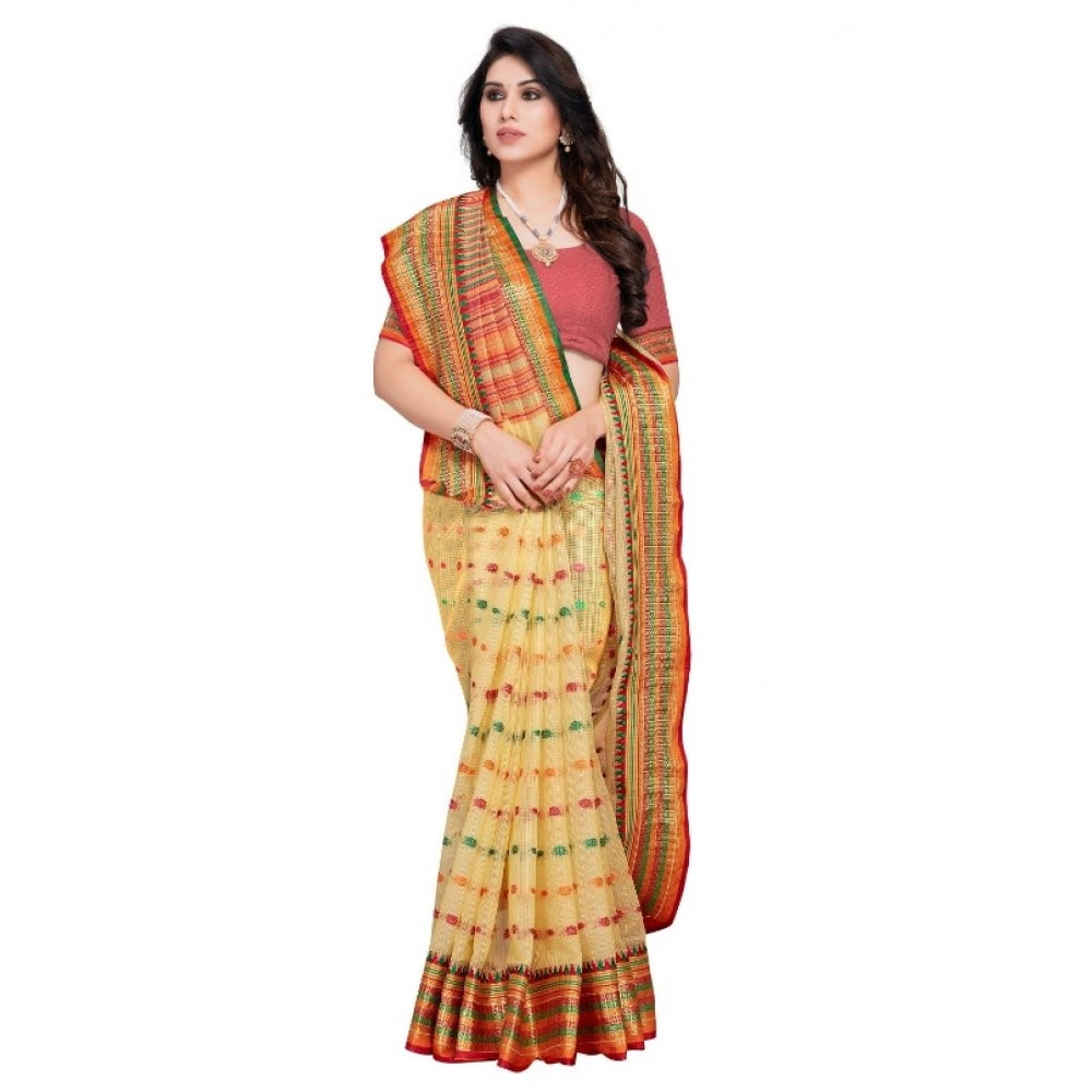 Women's Kota Doria Cotton Woven Butta Saree With Blouse (Beige, 5-6 Mtrs)