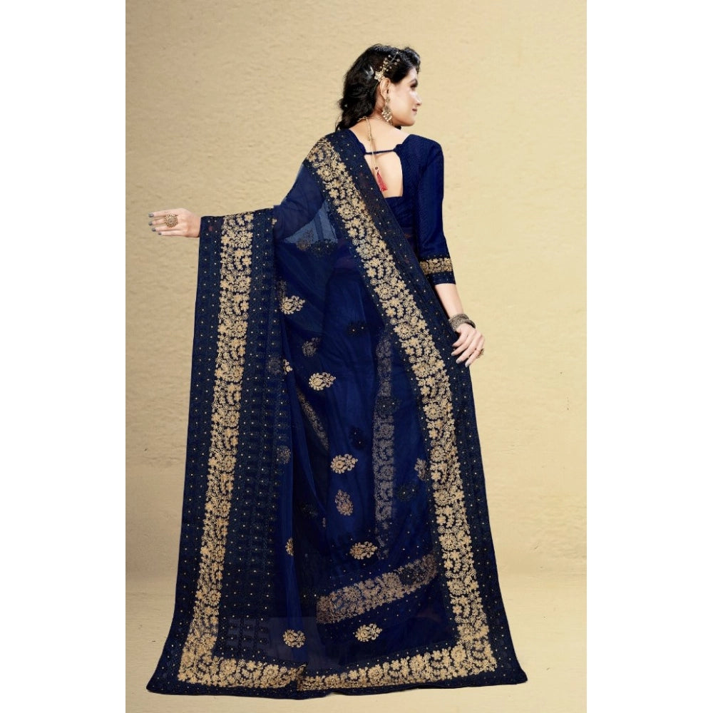 Women's Net Saree With Blouse (Navy Blue, 5-6Mtrs)