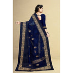 Women's Net Saree With Blouse (Navy Blue, 5-6Mtrs)