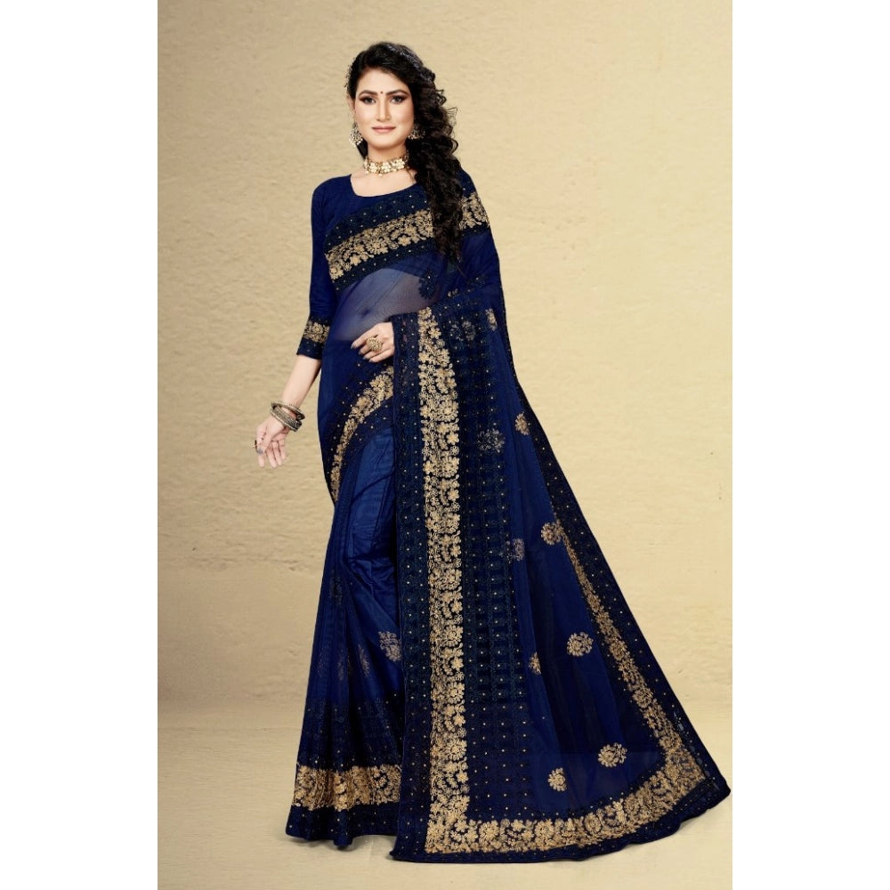 Women's Net Saree With Blouse (Navy Blue, 5-6Mtrs)