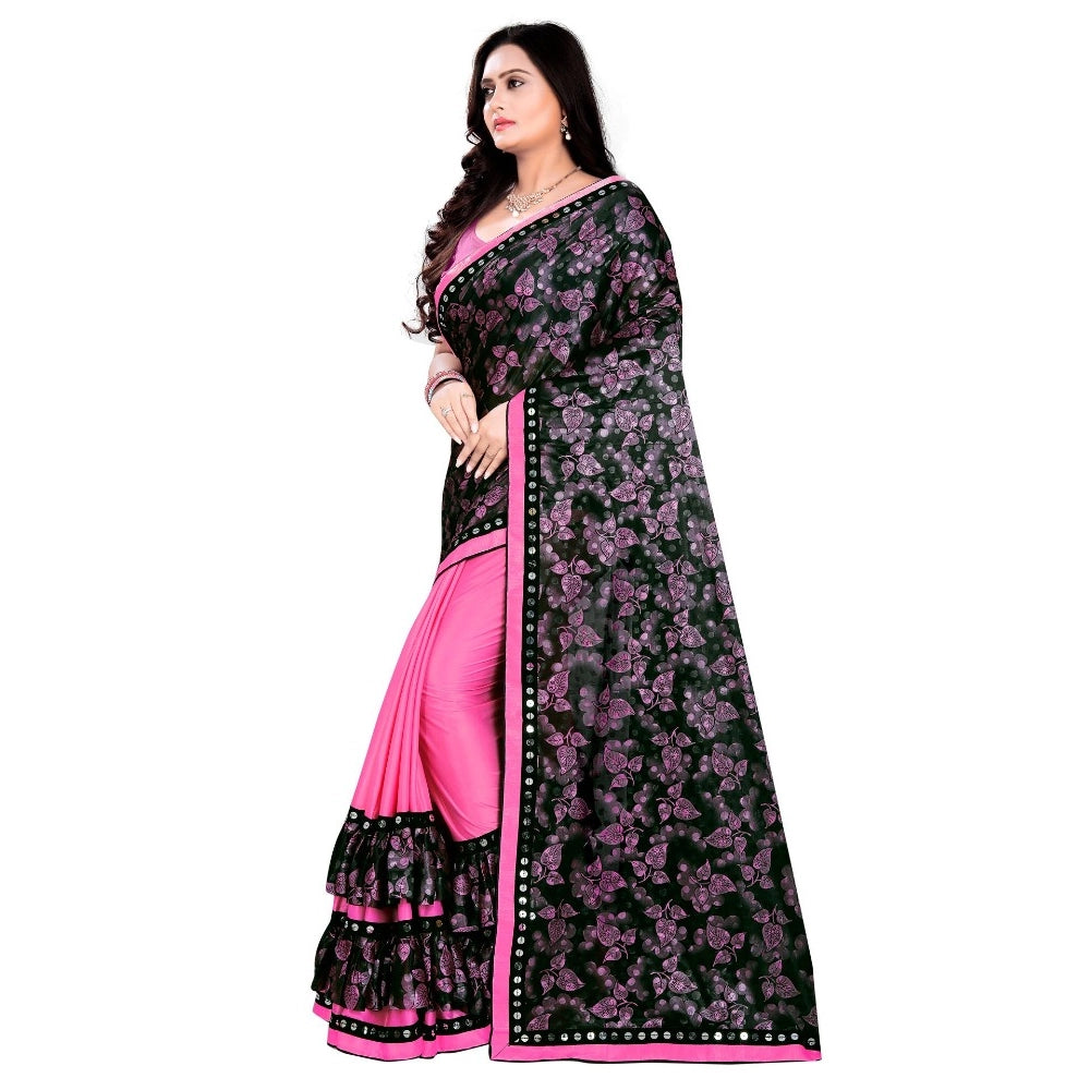 Women's Lycra Blend Saree with Blouse (Pink, 5-6 Mtrs)