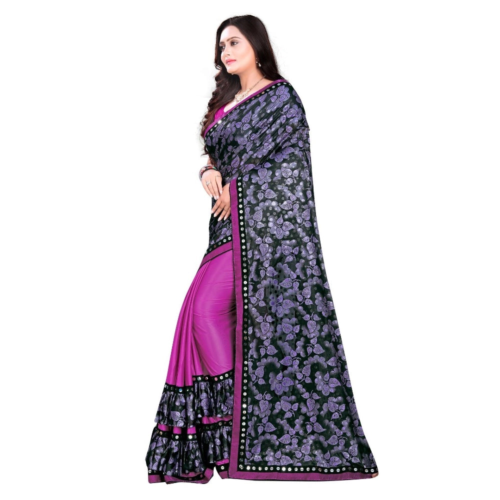 Women's Lycra Blend Saree with Blouse (Purple, 5-6 Mtrs)