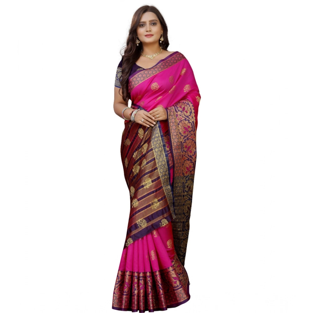 Women's Silk Blend Woven Saree With Unstitched Blouse 5.5Mtr (Pink-Beige)