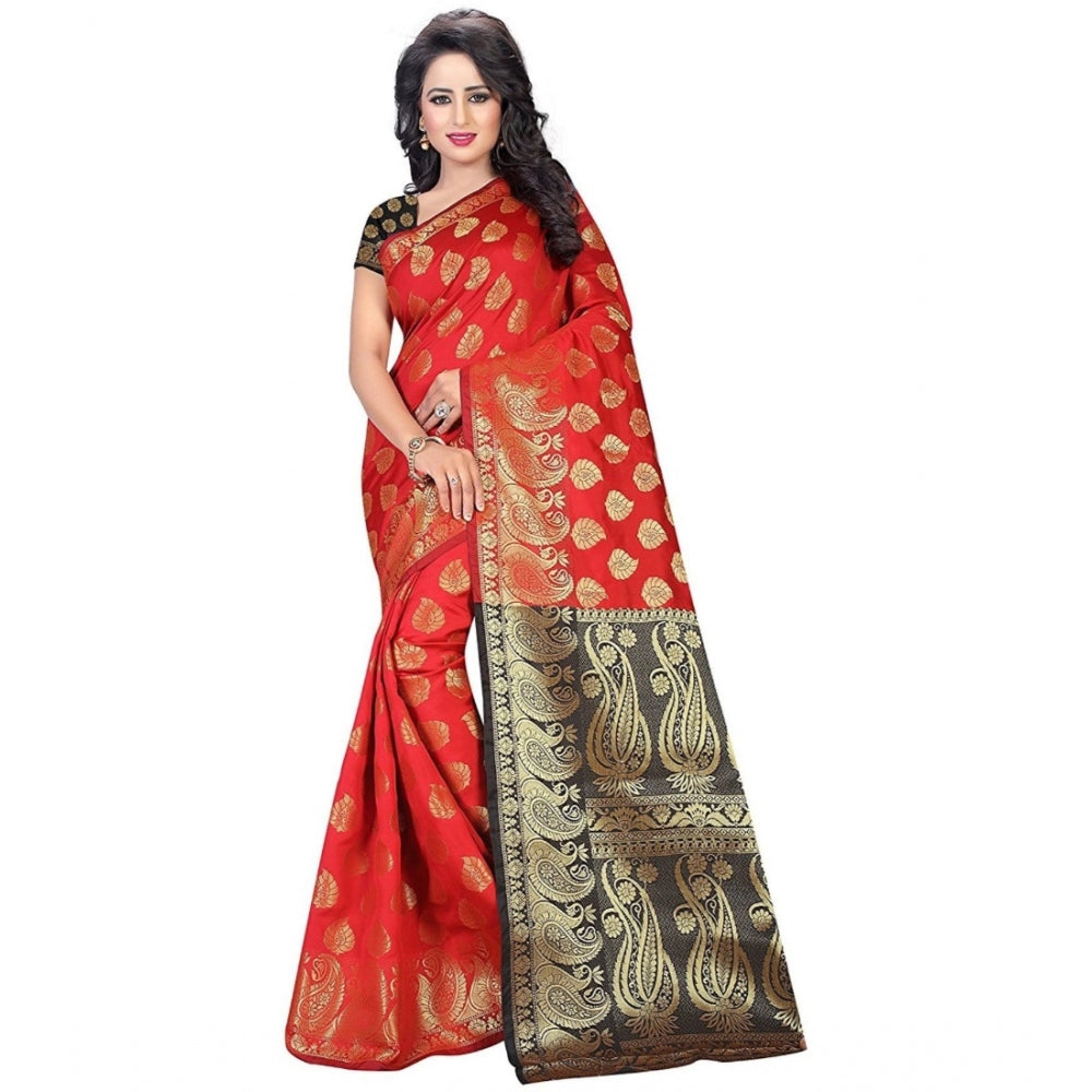 Women's Jacquard Woven Saree With Unstitched Blouse 5.5Mtr (Red)