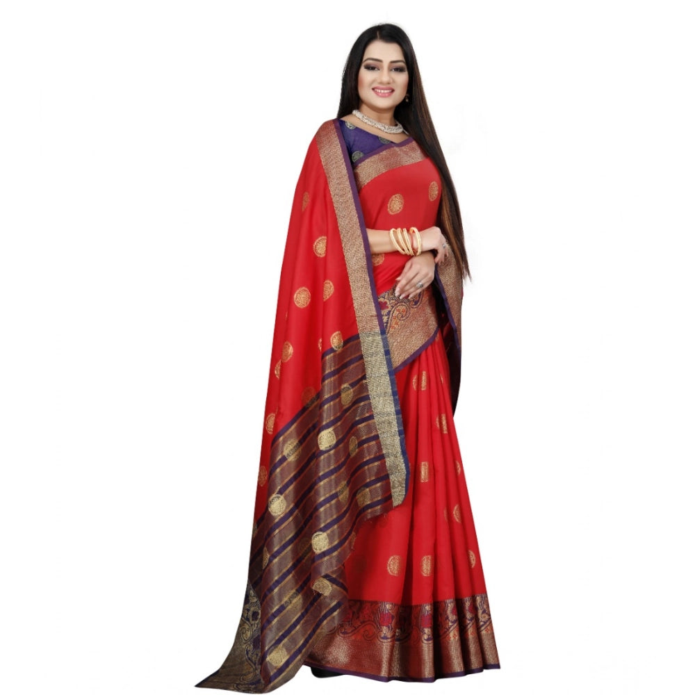 Women's Silk Blend Woven Saree With Unstitched Blouse 5.5Mtr (Red-Blue)