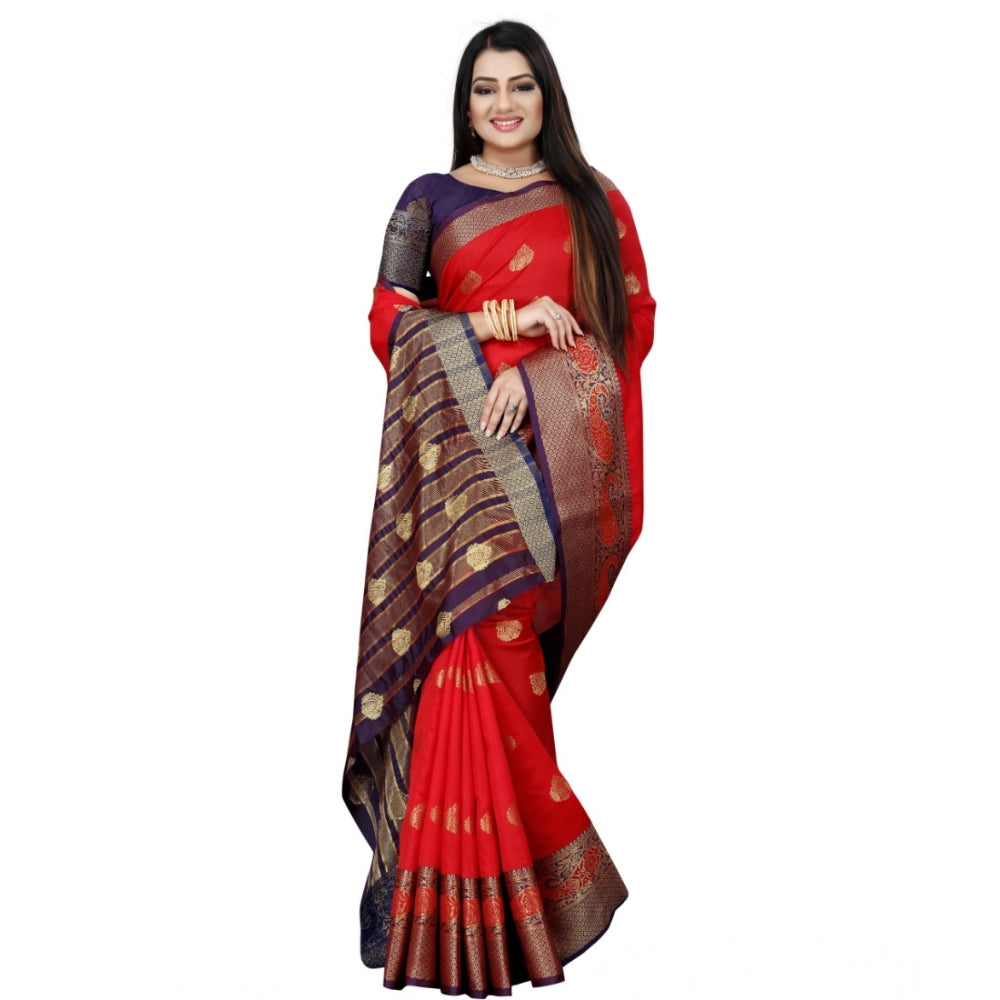 Women's Silk Blend Woven Saree With Unstitched Blouse 5.5Mtr (Purple-Red)