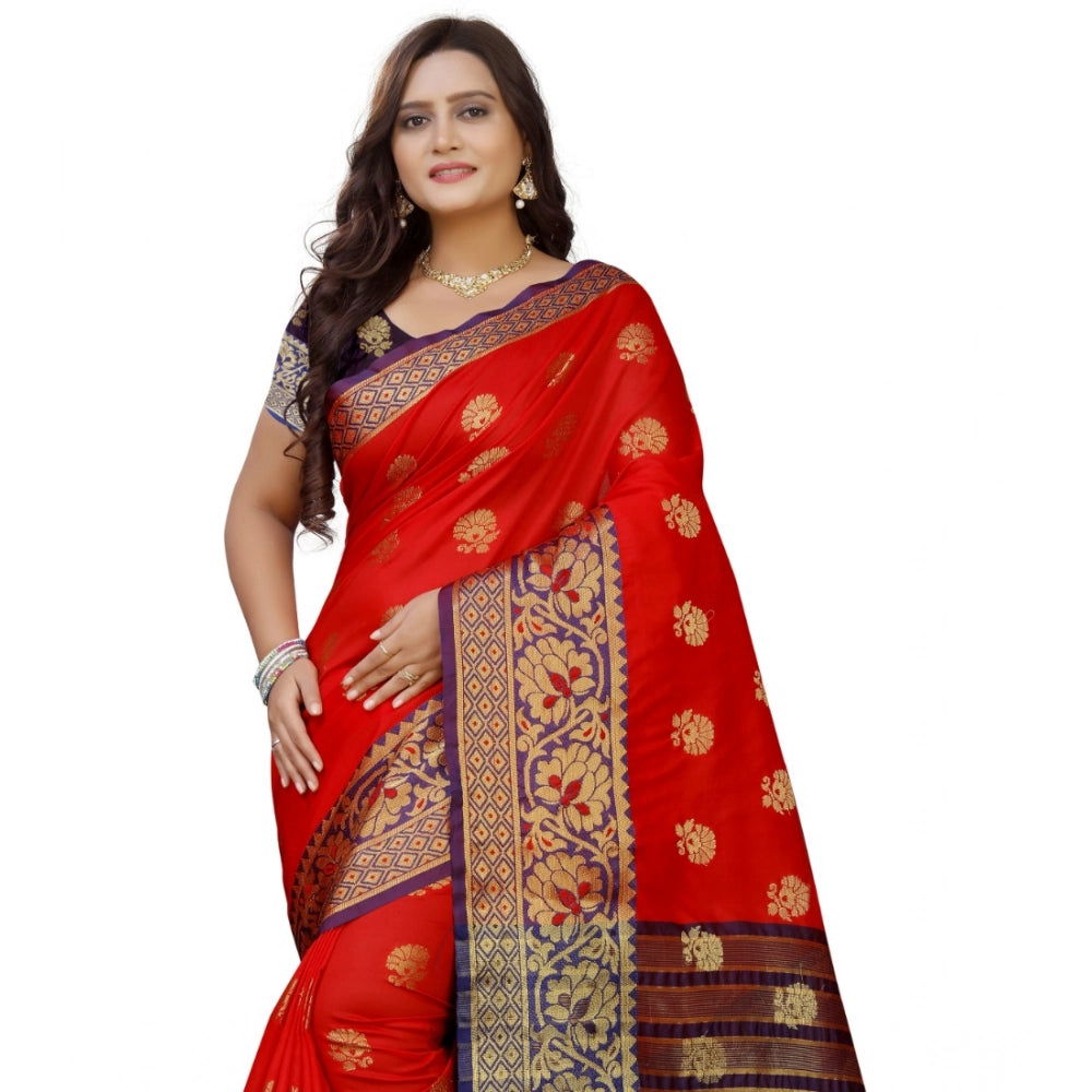 Women's Silk Blend Woven Saree With Unstitched Blouse 5.5Mtr (Purple-Red)