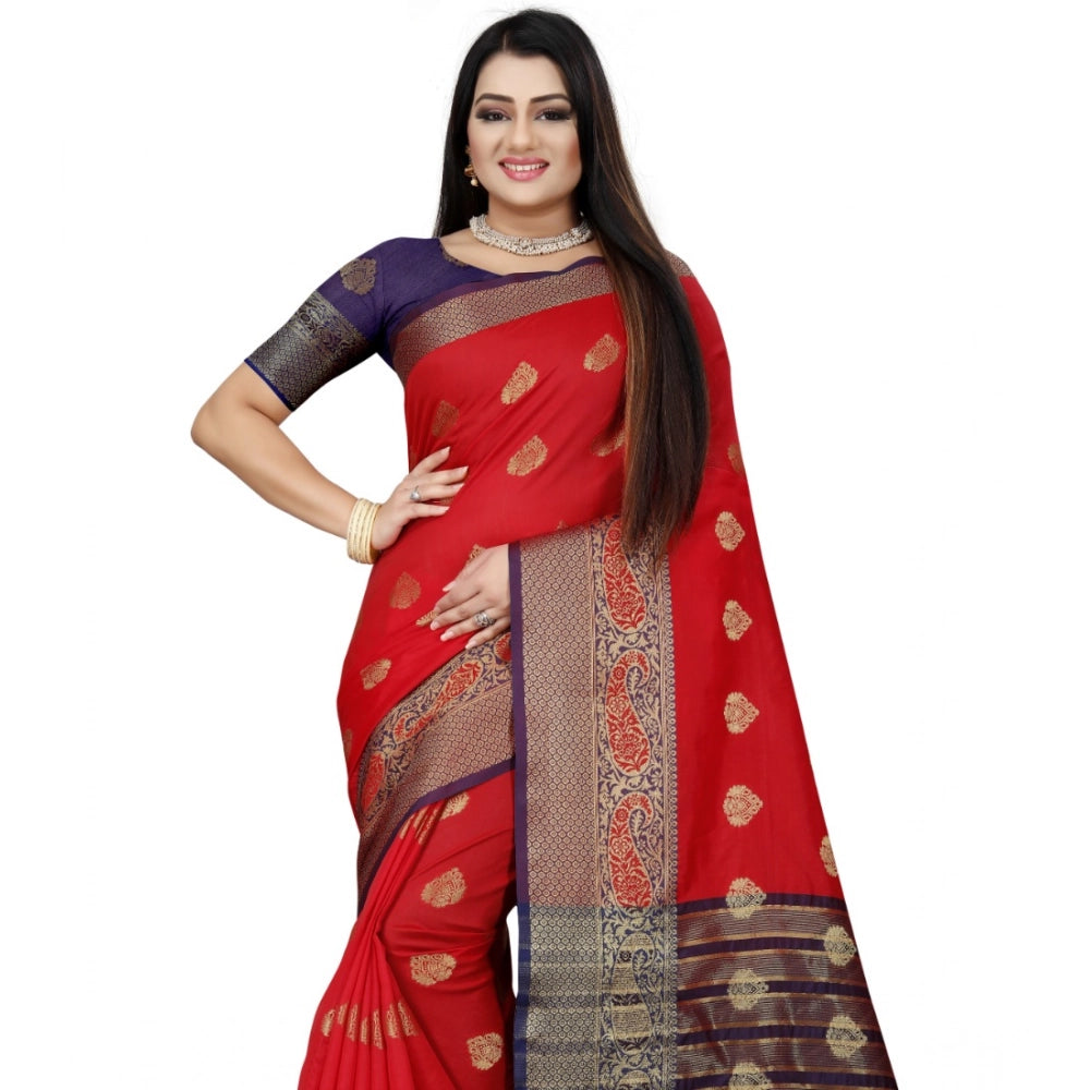 Women's Silk Blend Woven Saree With Unstitched Blouse 5.5Mtr (Purple-Red)