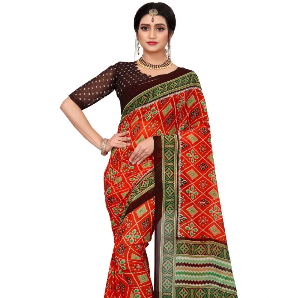Women's Georgette Floral Print Saree With Unstitched Blouse 5.5Mtr (Red)
