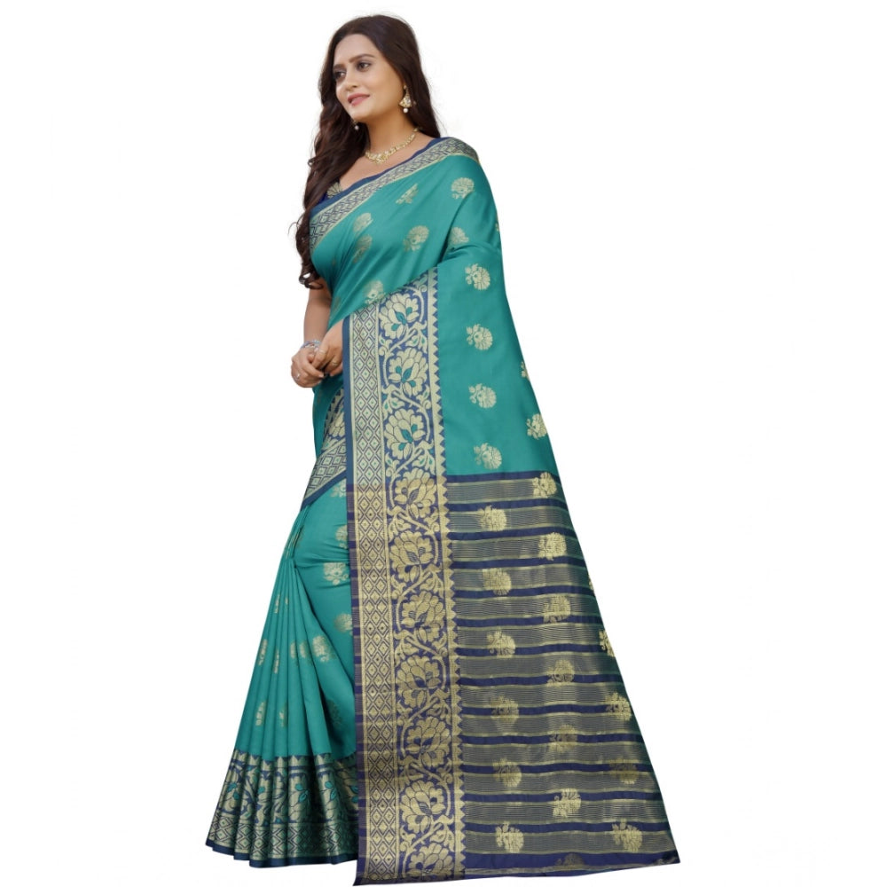 Women's Silk Blend Woven Saree With Unstitched Blouse 5.5Mtr (Dark Blue-Green)