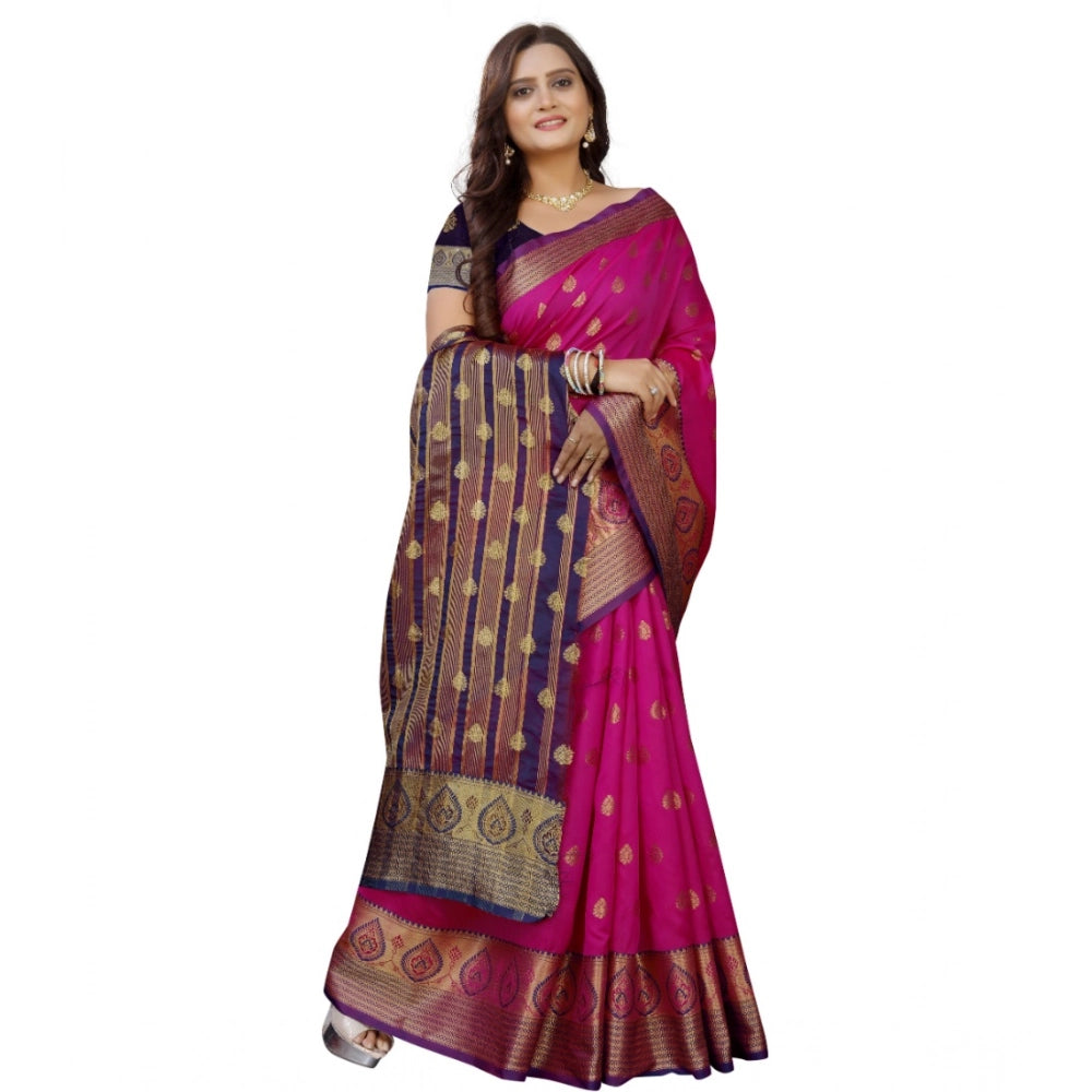 Women's Silk Blend Woven Saree With Unstitched Blouse 5.5Mtr (Purple-Pink)