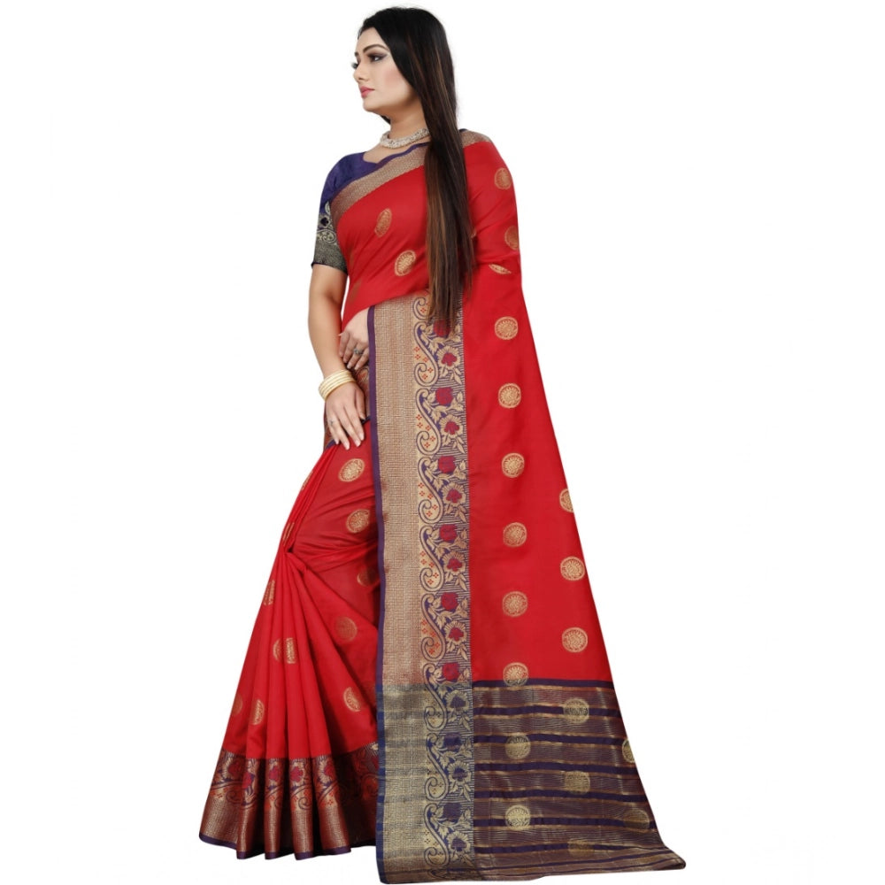 Women's Silk Blend Woven Saree With Unstitched Blouse 5.5Mtr (Red-Blue)