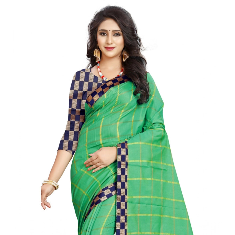 Women's Cotton Silk Checkered Saree With Unstitched Blouse 5.5Mtr (Green)