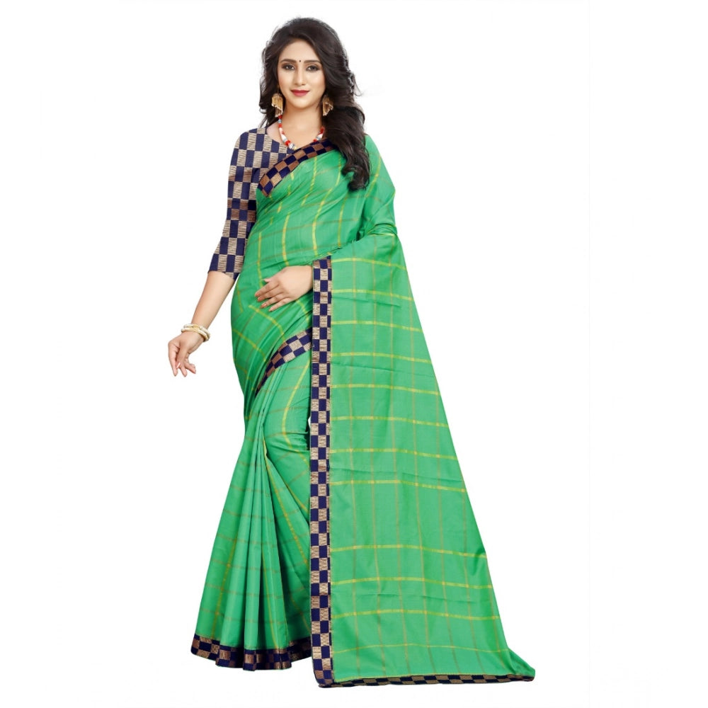 Women's Cotton Silk Checkered Saree With Unstitched Blouse 5.5Mtr (Green)