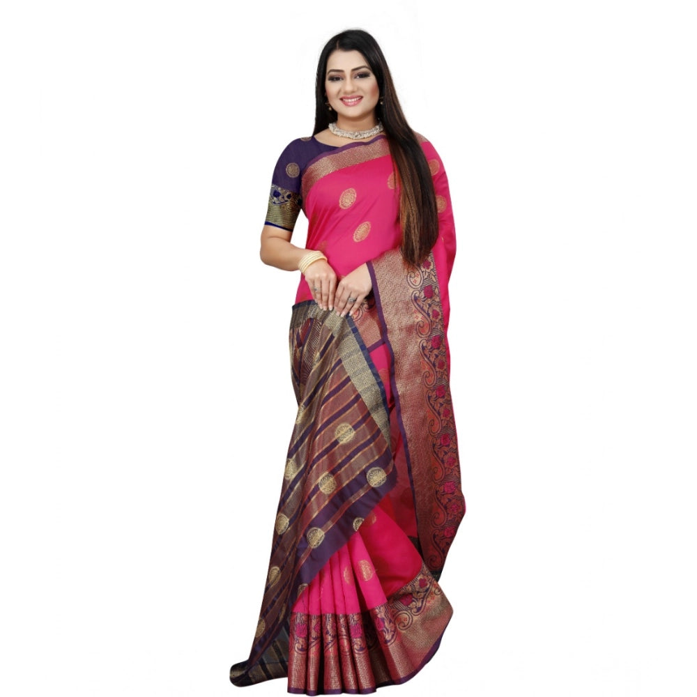 Women's Silk Blend Woven Saree With Unstitched Blouse 5.5Mtr (Blue-Pink)