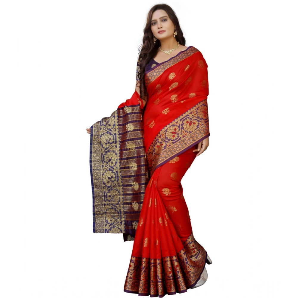 Women's Silk Blend Woven Saree With Unstitched Blouse 5.5Mtr (Purple-Red)