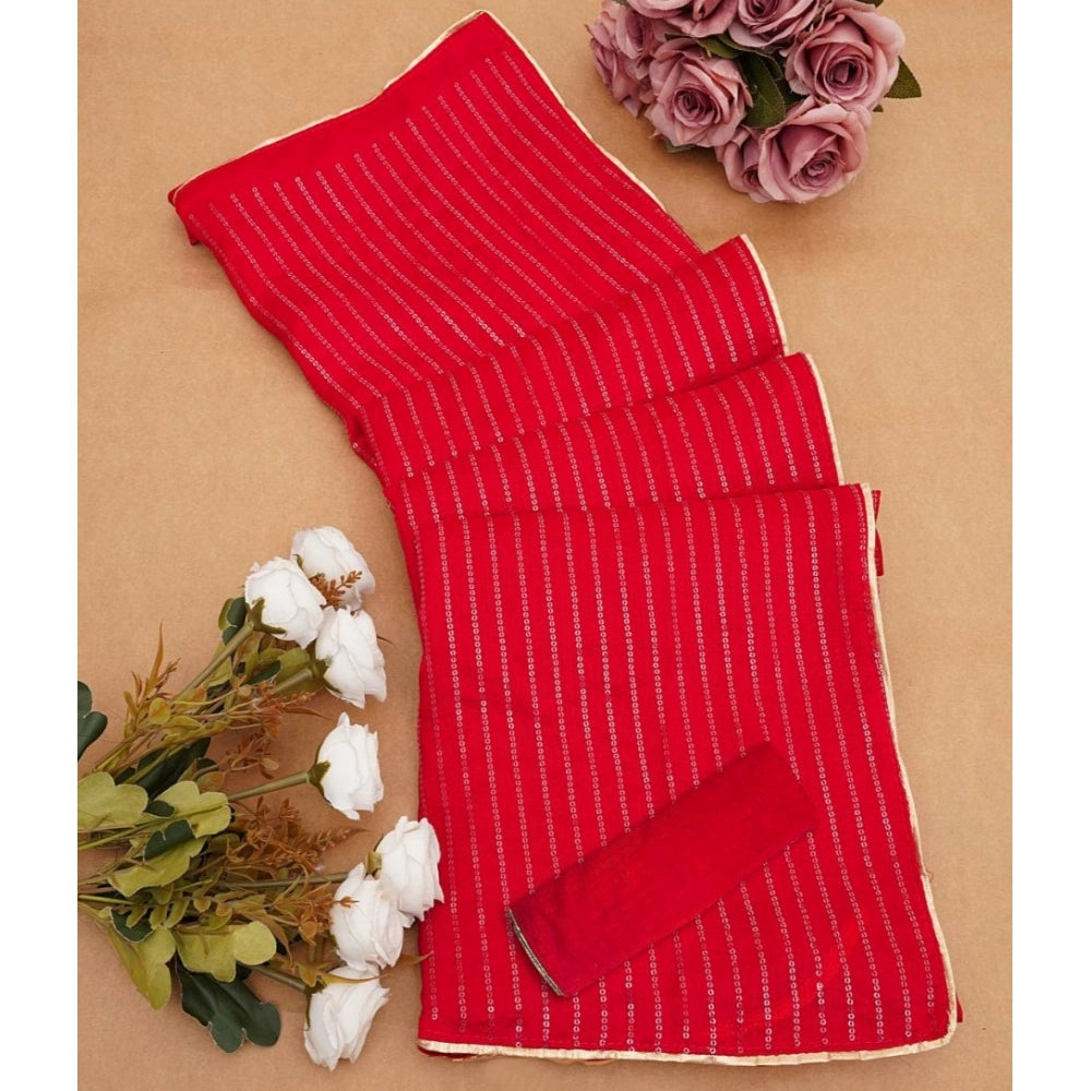 Women's Vichitra Silk Striped Saree With Unstitched Blouse 5.5Mtr (Red)