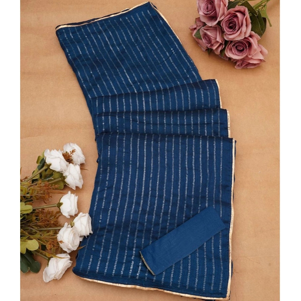 Women's Vichitra Silk Striped Saree With Unstitched Blouse 5.5Mtr (Blue)