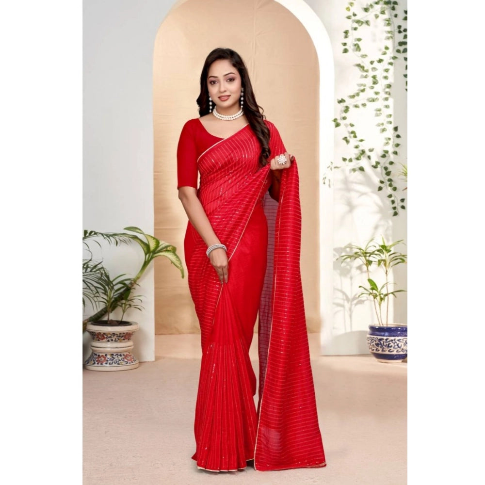 Women's Vichitra Silk Striped Saree With Unstitched Blouse 5.5Mtr (Red)