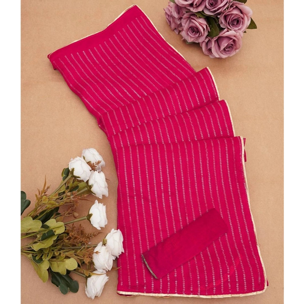 Women's Vichitra Silk Striped Saree With Unstitched Blouse 5.5Mtr (Pink)