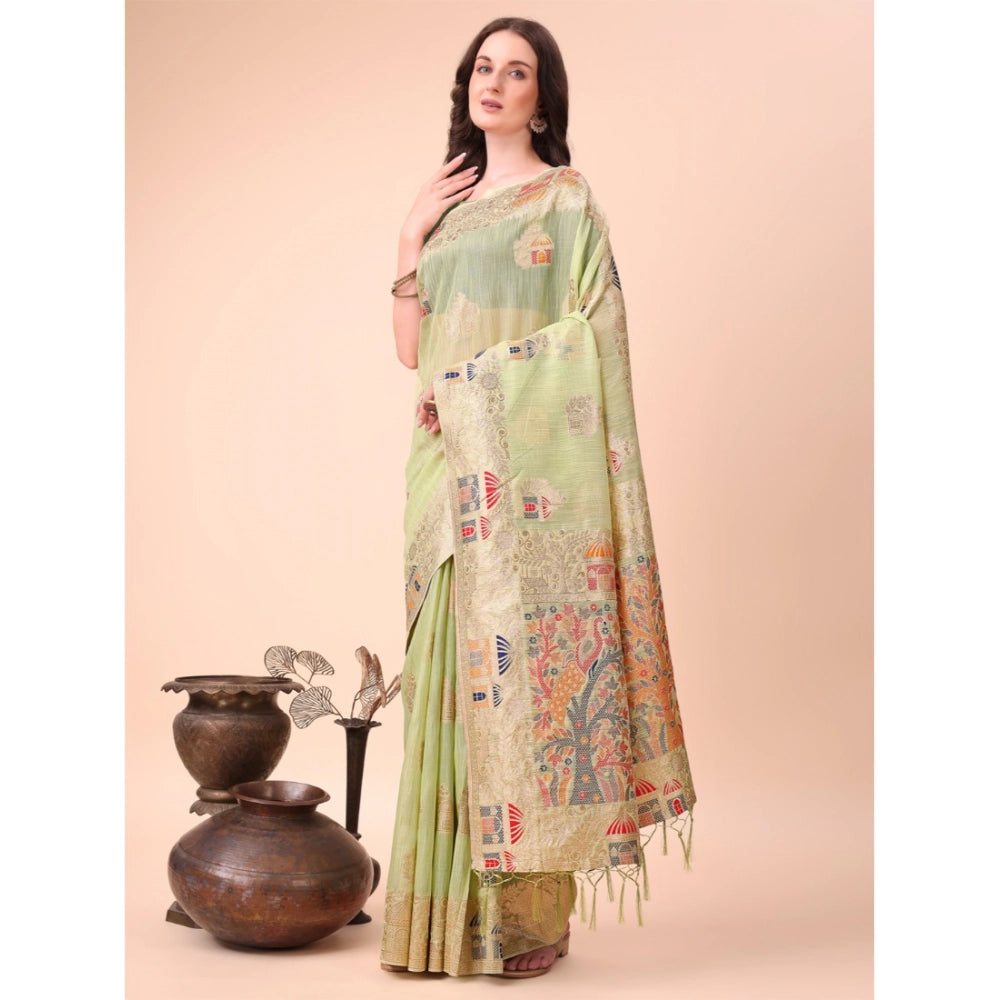 Women's Linen Cotton Printed Saree With Unstitched Blouse 5.5Mtr (Light Green)