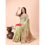 Women's Linen Cotton Printed Saree With Unstitched Blouse 5.5Mtr (Light Green)