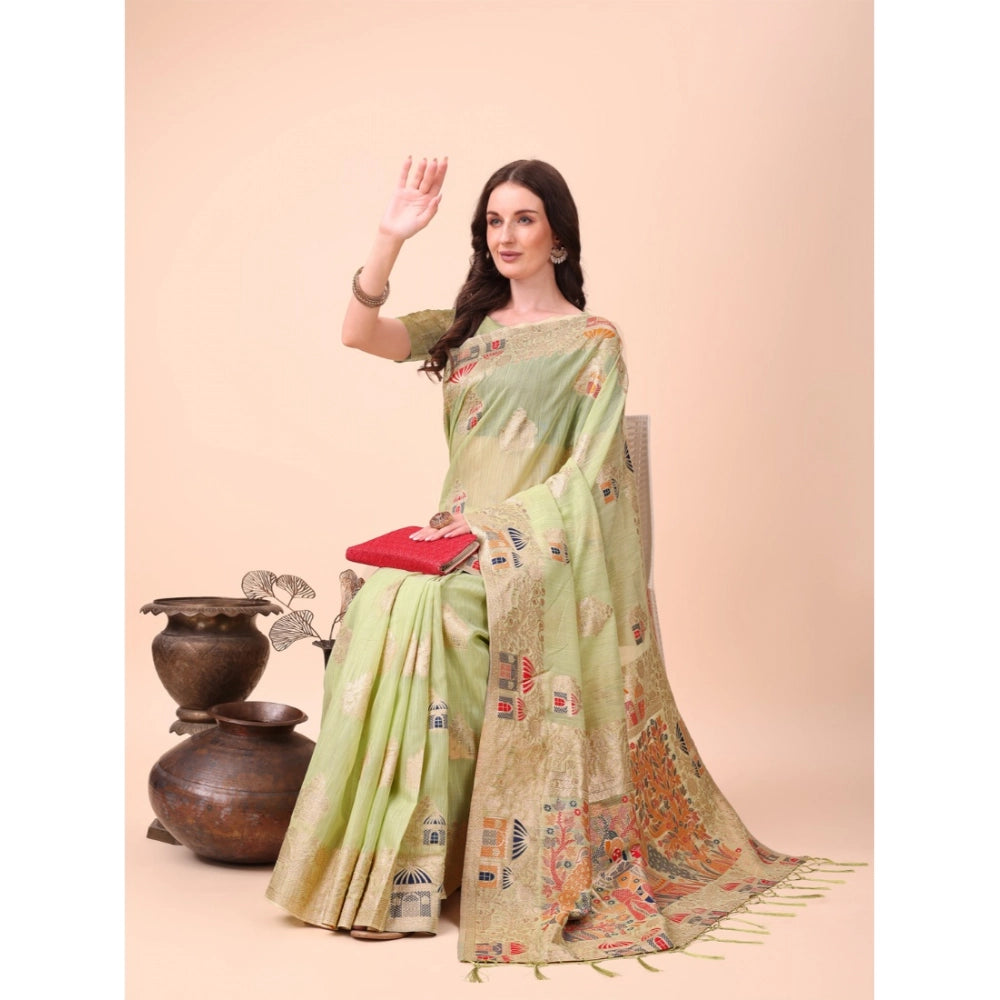 Women's Linen Cotton Printed Saree With Unstitched Blouse 5.5Mtr (Light Green)