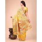 Women's Linen Cotton Printed Saree With Unstitched Blouse 5.5Mtr (Yellow)