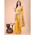 Women's Linen Cotton Printed Saree With Unstitched Blouse 5.5Mtr (Yellow)