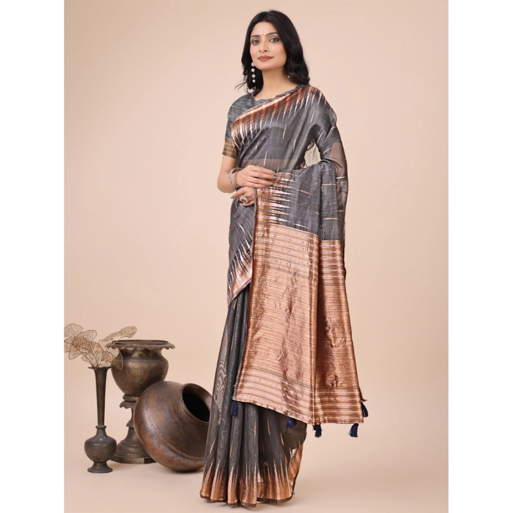 Women's Linen Cotton Printed Saree With Unstitched Blouse 5.5Mtr (Grey)