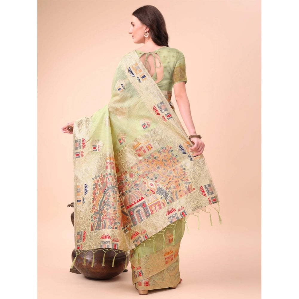 Women's Linen Cotton Printed Saree With Unstitched Blouse 5.5Mtr (Light Green)