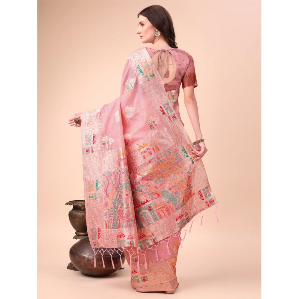 Women's Linen Cotton Printed Saree With Unstitched Blouse 5.5Mtr (Pink)