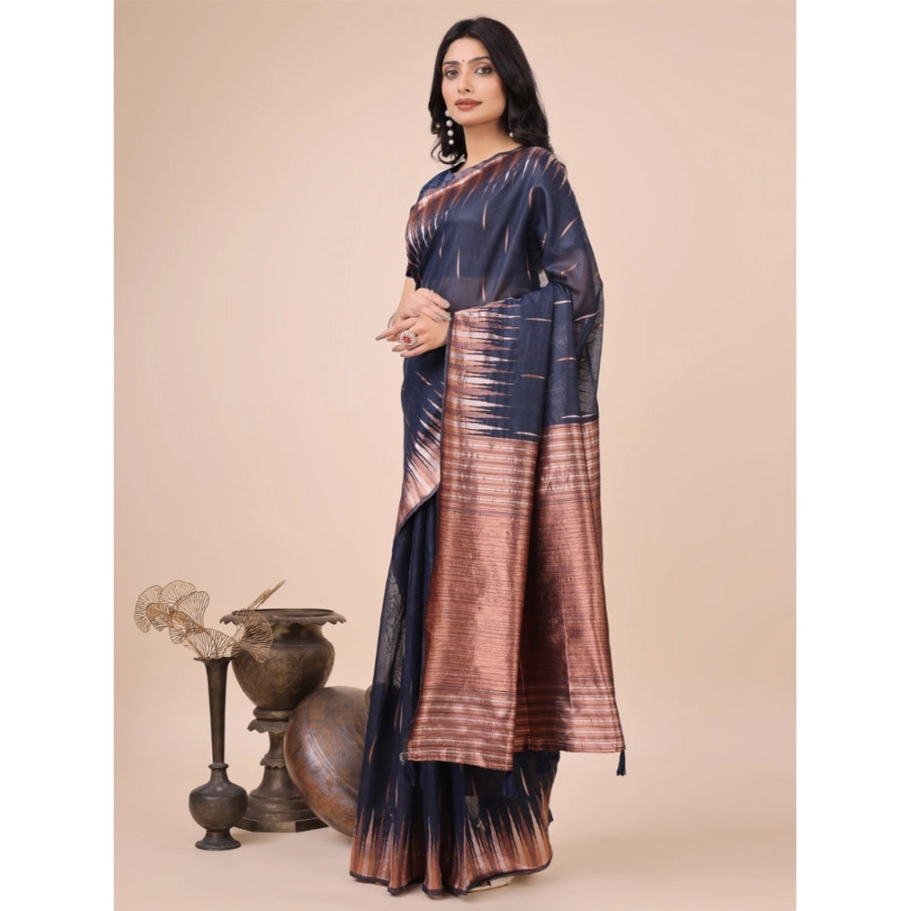Women's Linen Cotton Printed Saree With Unstitched Blouse 5.5Mtr (Navy Blue)