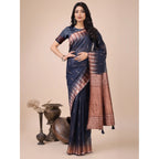Women's Linen Cotton Printed Saree With Unstitched Blouse 5.5Mtr (Navy Blue)