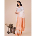 Women's Linen Cotton Printed Saree With Unstitched Blouse 5.5Mtr (White)