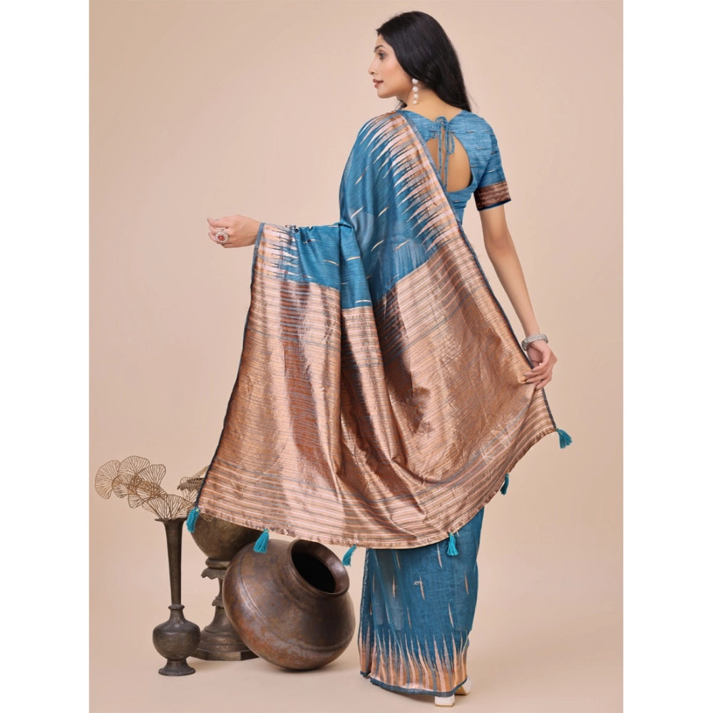 Women's Linen Cotton Printed Saree With Unstitched Blouse 5.5Mtr (Blue)
