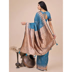 Women's Linen Cotton Printed Saree With Unstitched Blouse 5.5Mtr (Blue)