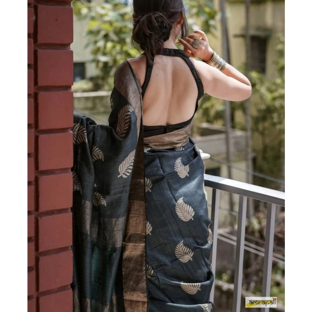 Women's Silk Printed Saree With Unstitched Blouse 5.5Mtr (Black)