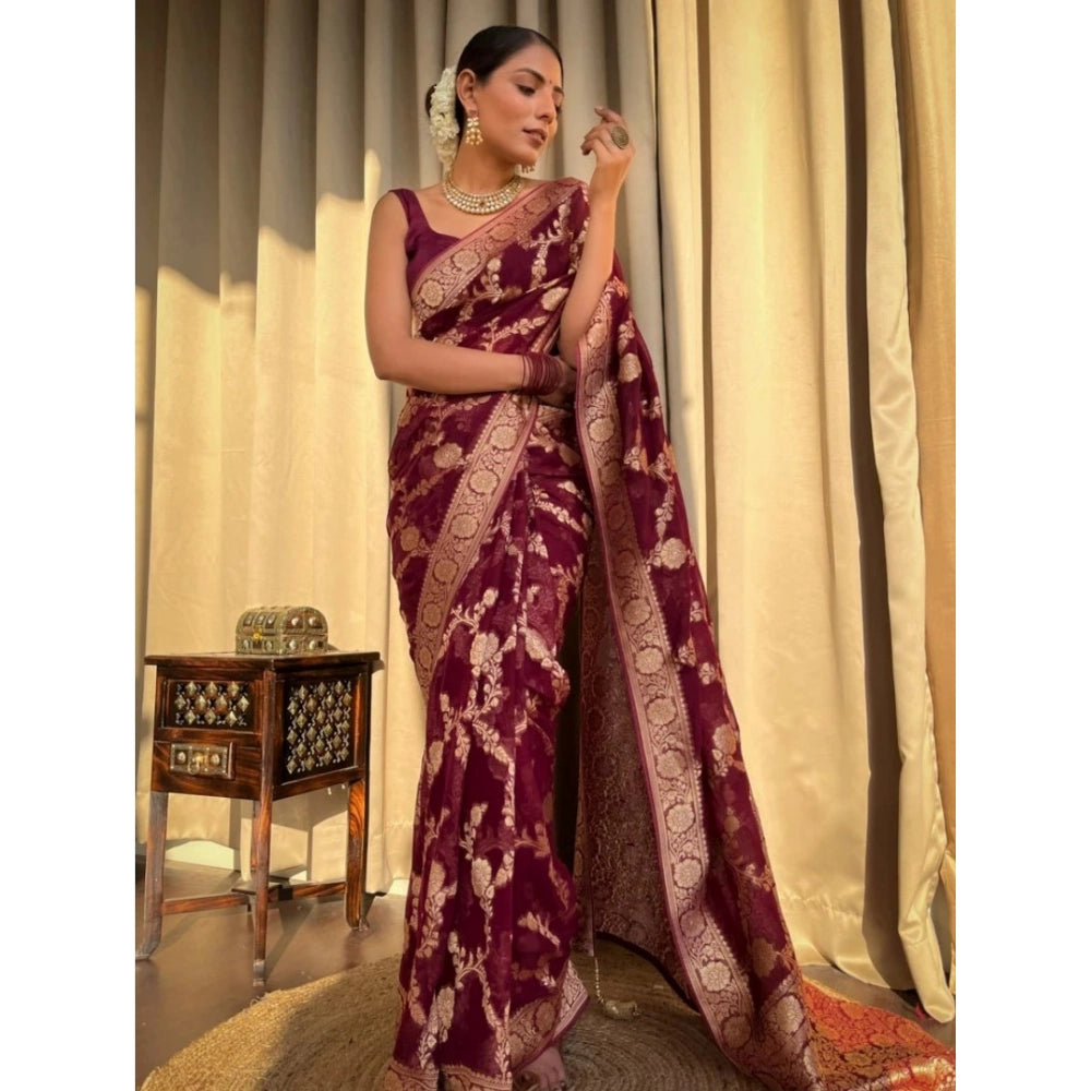 Women's Silk Printed Saree With Unstitched Blouse 5.5Mtr (Maroon)