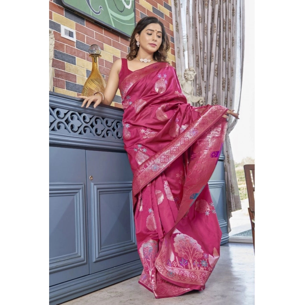 Women's Silk Printed Saree With Unstitched Blouse 5.5Mtr (Rani Pink)