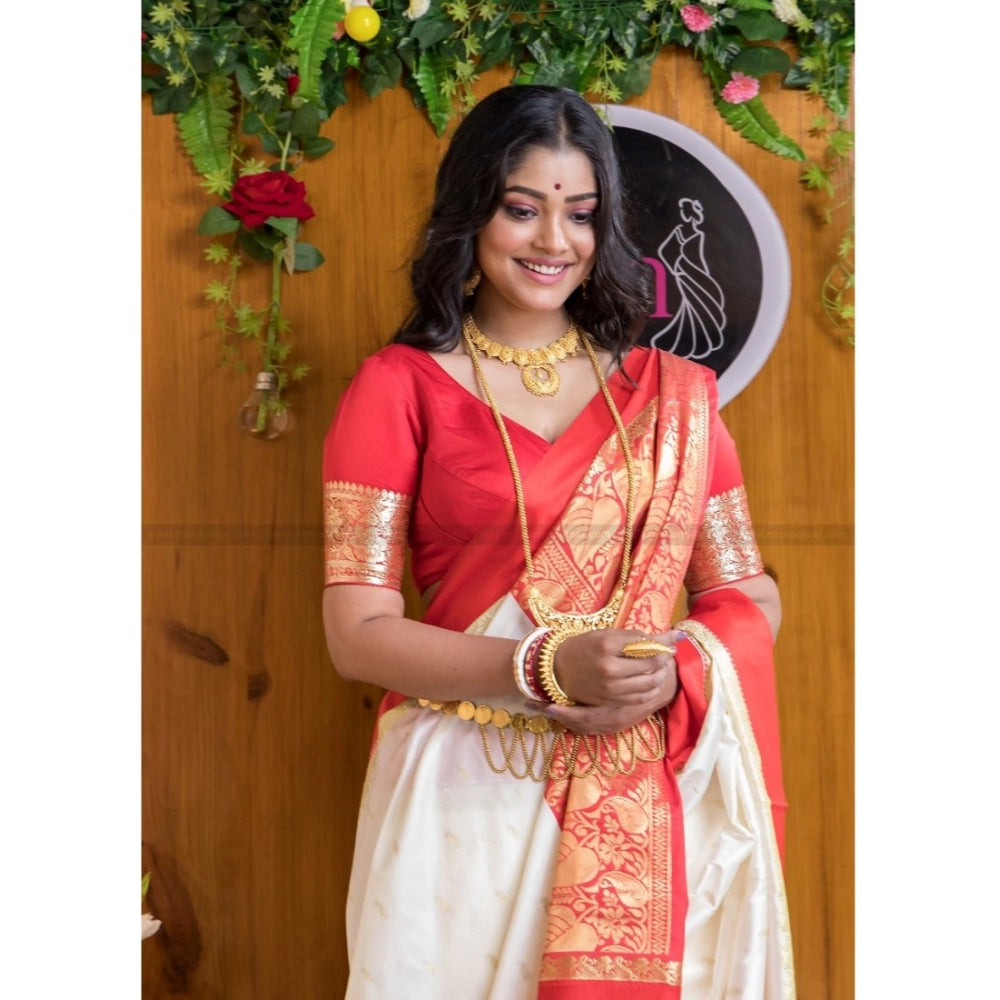 Women's Silk Printed Saree With Unstitched Blouse 5.5Mtr (White-Red)