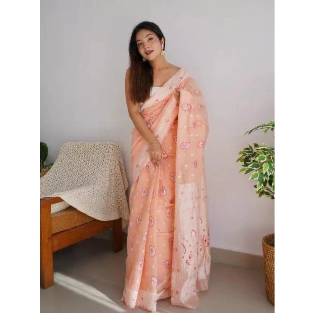 Women's Cotton  Printed Saree With Unstitched Blouse 5.5Mtr (Peach)