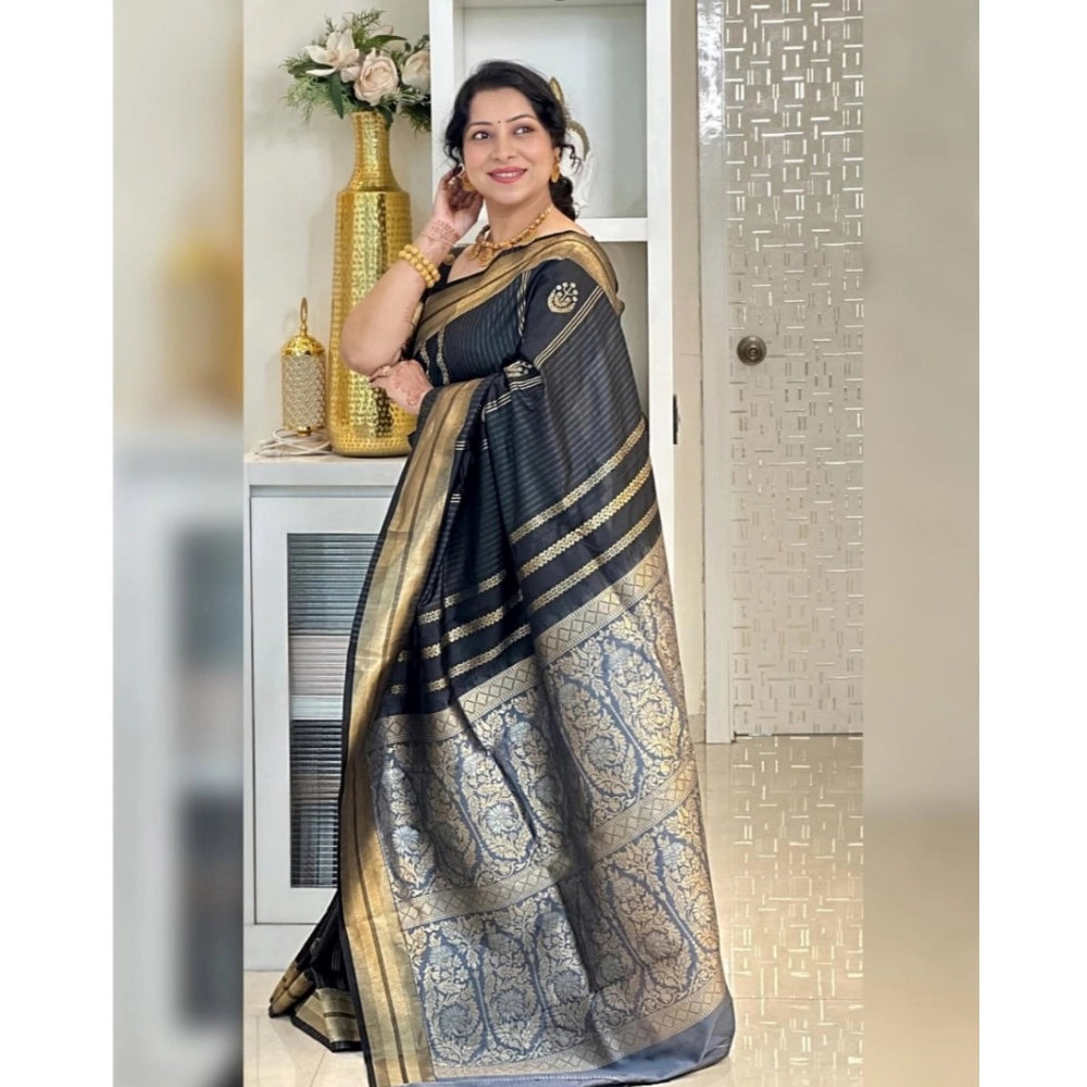 Women's Silk Printed Saree With Unstitched Blouse 5.5Mtr (Black)