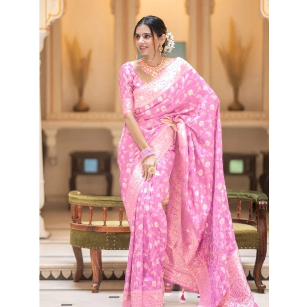 Women's Silk Printed Saree With Unstitched Blouse 5.5Mtr (Pink)