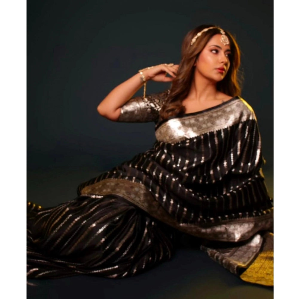 Women's Silk Printed Saree With Unstitched Blouse 5.5Mtr (Black)
