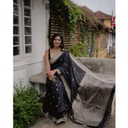 Women's Silk Printed Saree With Unstitched Blouse 5.5Mtr (Black)